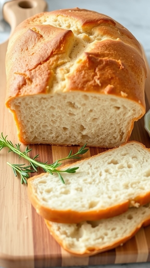 Easy Bread Machine Recipe with Self-Rising Flour A golden-brown loaf of bread made with self-rising flour, sliced to reveal a fluffy interior, on a rustic cutting board with butter.